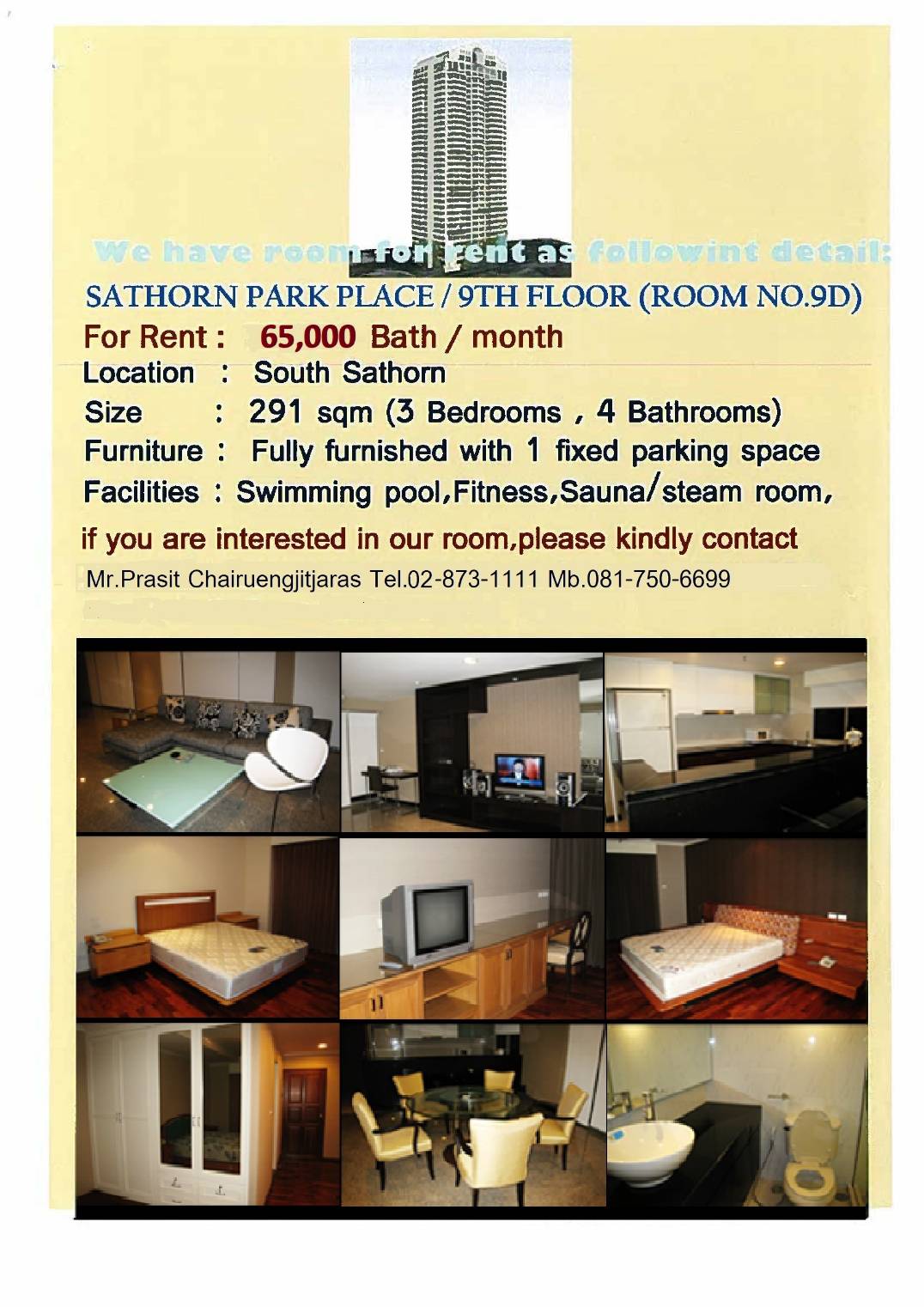  !!! SATHORN PARK PLACE  9 (ROOM NO.9D) 